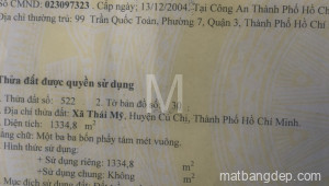 Bán đất thổ Xã Thái Mỹ, Huyện Củ Chi. DT: 20m x 69m, diện tích: 1334m2 giá: 8.0 tỷ, 6 triệu/m2, 400 triệu/mét ngang