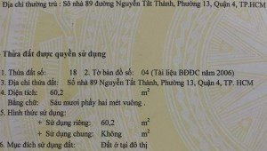 Bán nhà 89 Nguyễn Tất Thành Phường 13 Quận 4