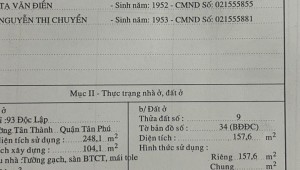 Bán nhà 93 Độc Lập Tân Thành Quận Tân Phú