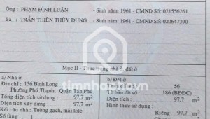 Bán nhà 132 Bình Long Phú Thạnh Quận Tân Phú