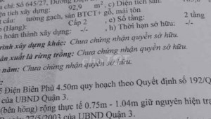 Bán nhà 645/27Thửa: 28Tờ: 7 Điện Biên Phủ Phường 1 Quận 3