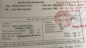 Bán nhà 219/15 Trần Văn Đang Phường 9 Quận 3