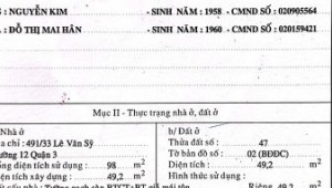Bán nhà 491/33 Lê Văn Sỹ Phường 12 Quận 3