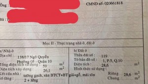 Bán nhà 138/17 Ngô Quyền Phường 5 Quận 10