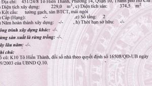 Bán nhà 451/24/8 Tô Hiến Thành Phường 14 Quận 10