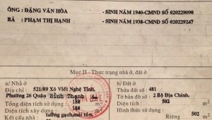 Bán nhà 521/89 Xô Viết Nghệ Tĩnh Phường 26 Quận Bình Thạnh