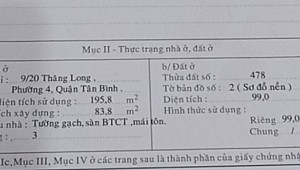 Bán nhà 9/20Thửa: 478Tờ: 2 Thăng Long Phường 4 Quận Tân Bình
