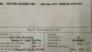 Bán nhà 40/18 Trần Văn Quang Phường 10 Quận Tân Bình
