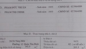 Bán nhà 20/28Thửa: 1631Tờ: 02 Thép Mới Phường 12 Quận Tân Bình